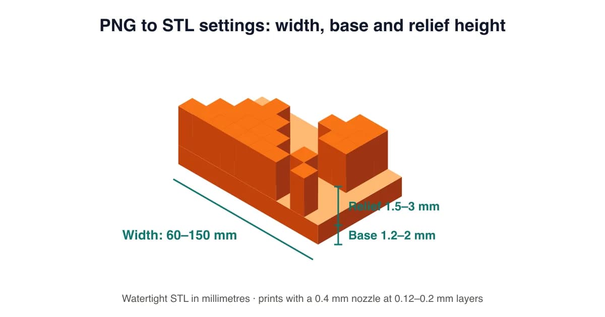 Diagram of a PNG to STL relief showing width in mm, base thickness and relief height